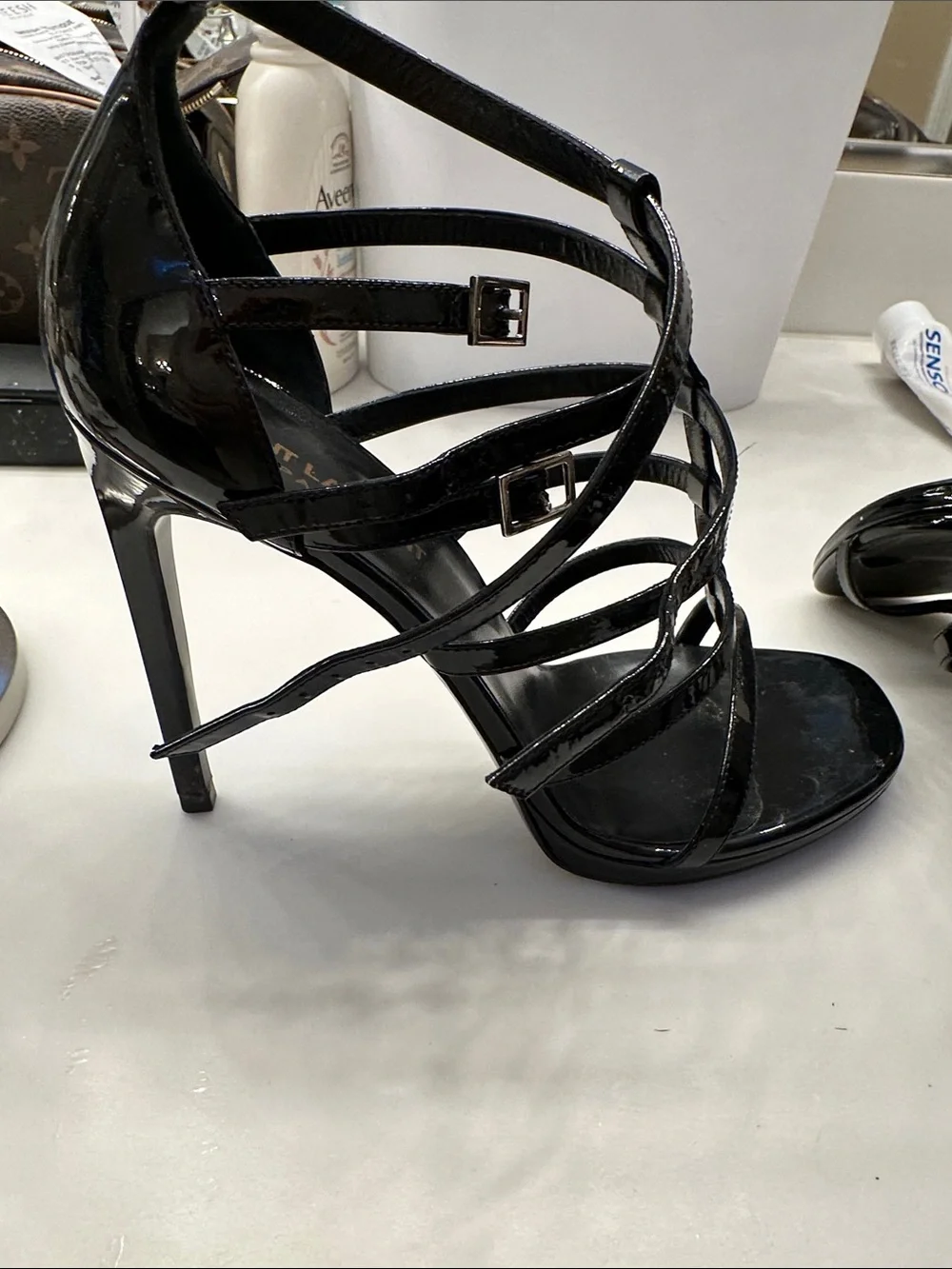 Saint Laurent Black Patent Multi-Strap Heeled Sandals - Picture 3 of 3